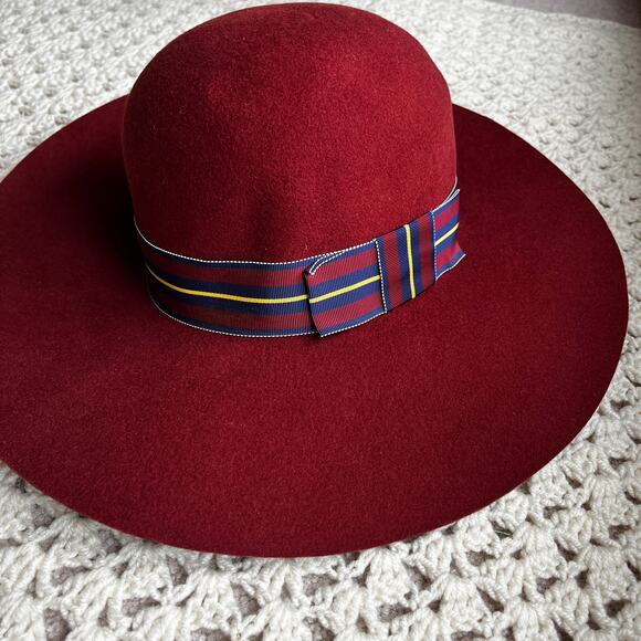 Vintage 70s Betmar Red Wool Wide Brim Hat with Striped Bow Ribbon - Picture 1 of 6